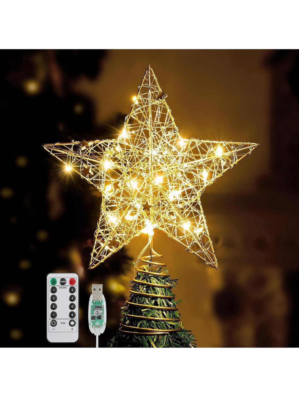 Roylvan Gold Beaded Star Christmas Tree Topper w Remote, Holiday Decor,Christmas
